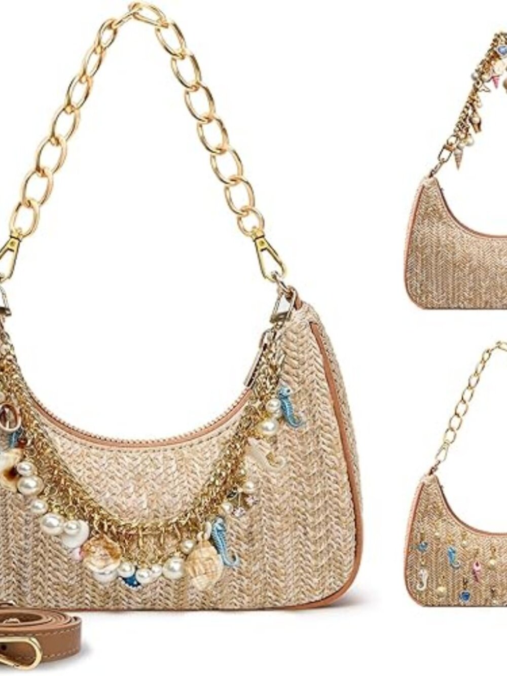 Beach Purse Straw Shoulder Bag for Women Summer Beaded Bag for Vacation Travel w - Picture 1 of 7